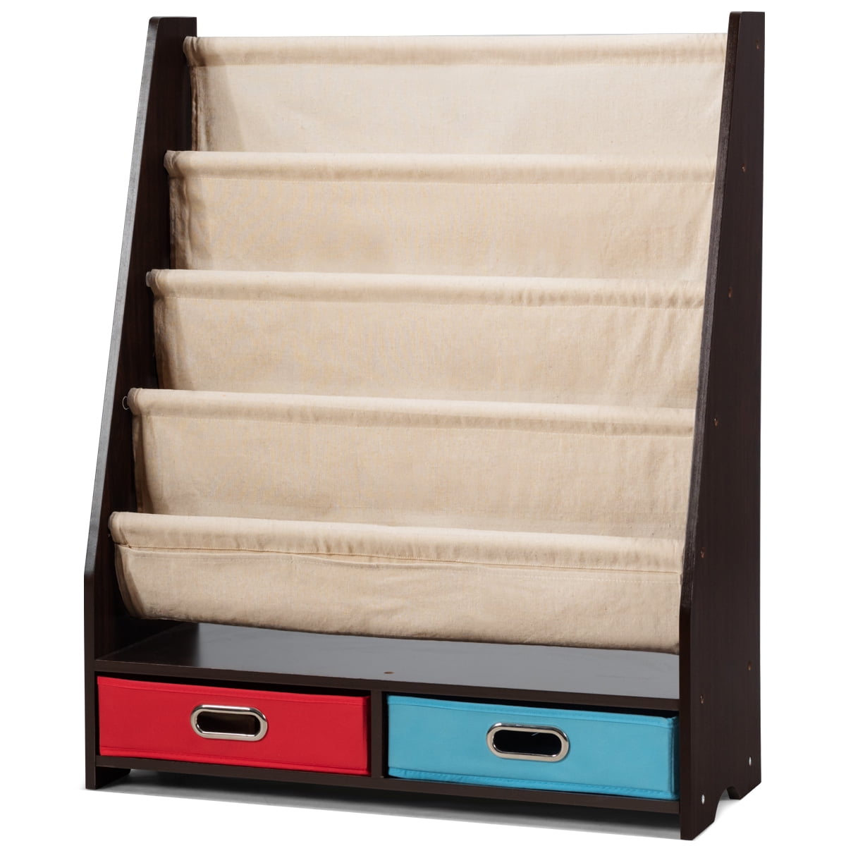 Topbuy Espresso Book Rack Kids Toys Organizer Shelves With 4 Sling