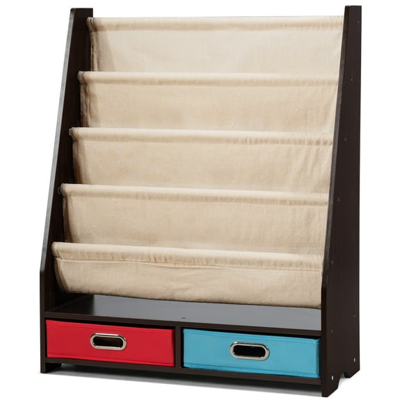Topbuy Espresso  Book Rack Kids Toys Organizer Shelves With 4 Sling Bookshelf And 2 Boxes