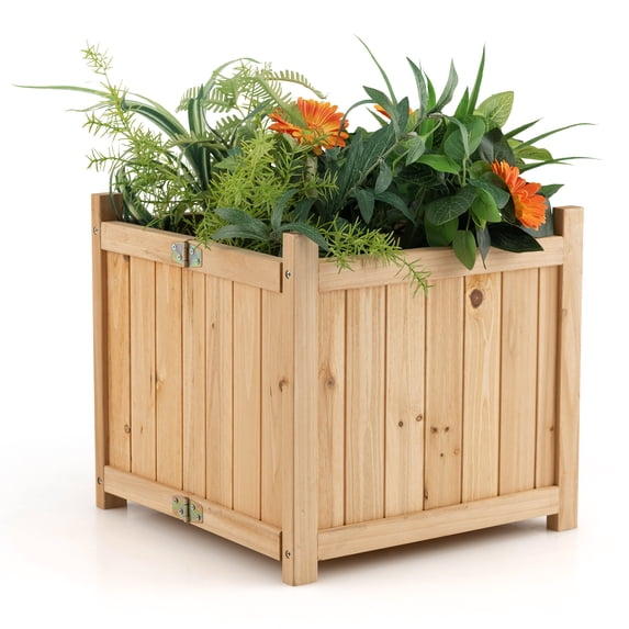 Topbuy Fir Wood Raised Garden Bed Outdoor Elevated Planter with Drainage Hole Folding Square Planter Box 15in x 15in x 12.5in