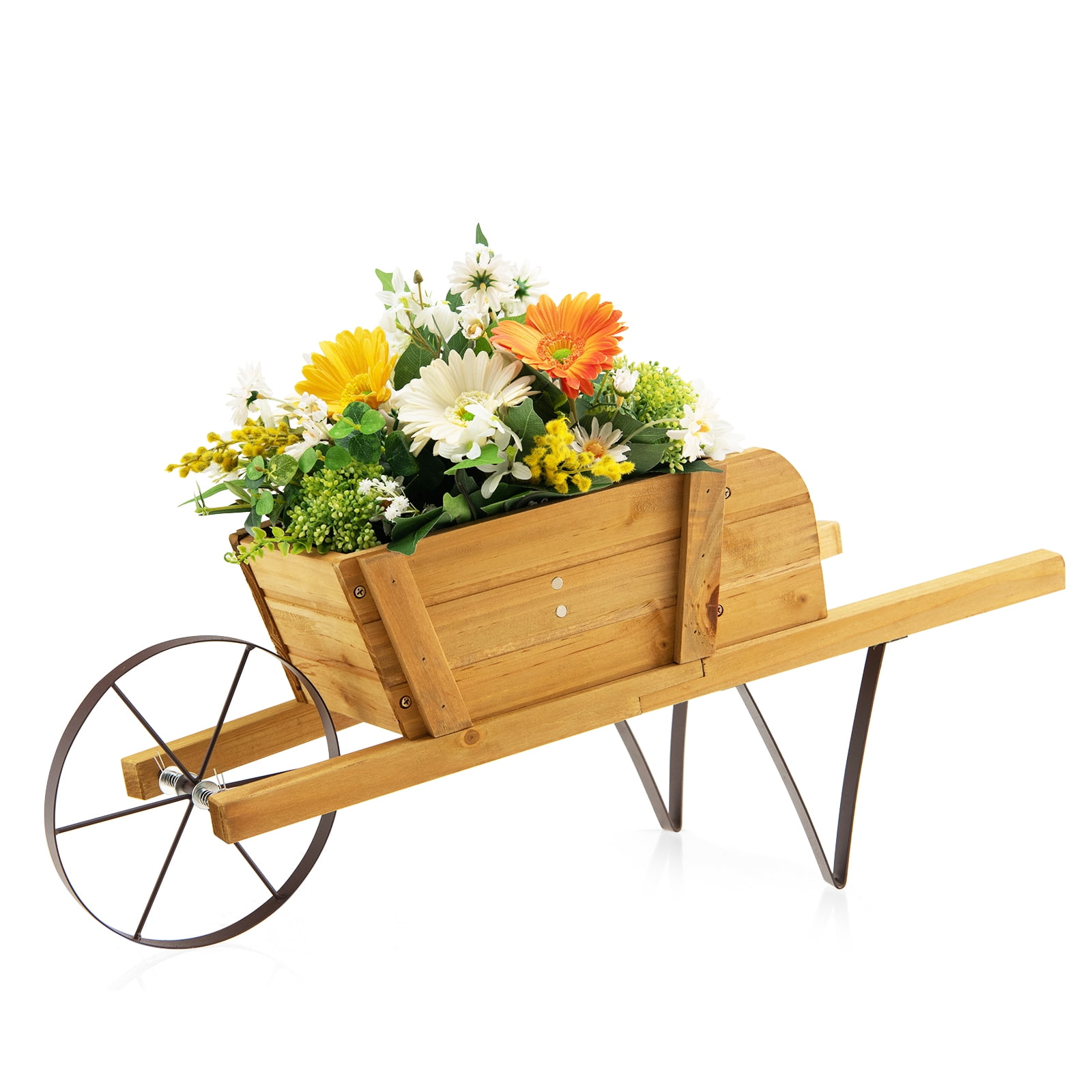 Topbuy Flower Pot Wheelbarrow Planter Solid Pine Wood Wagon Planter w/ Triangular Metal Support 2 Energy-saving Handles Movable Whee Walnut