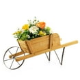 thumbnail image 1 of Topbuy Flower Pot Wheelbarrow Planter Solid Pine Wood Wagon Planter w/ Triangular Metal Support 2 Energy-saving Handles Movable Whee Walnut, 1 of 9