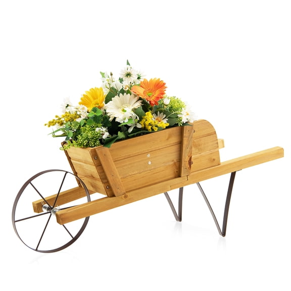 Topbuy Flower Pot Wheelbarrow Planter Solid Pine Wood Wagon Planter w/ Triangular Metal Support 2 Energy-saving Handles Movable Whee Walnut