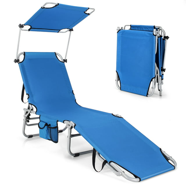 Topbuy Foldable Sun Shading Chaise Lounge Chair Adjustable Beach Recliner Blue