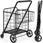 Topbuy Folding Shopping Cart Jumbo Double Basket Grocery Cart with Wheels Black