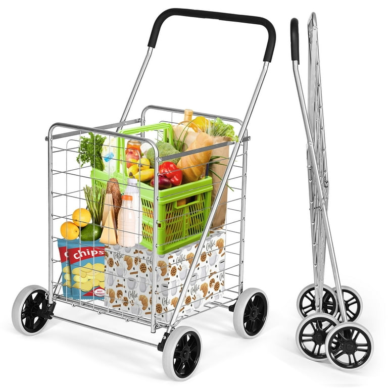 Folding Shopping Cart Heavy Duty Grocery Rolling Utility Cart with Handle  Silver