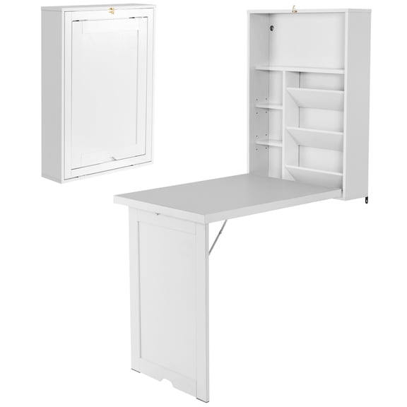 Topbuy Folding Wall-Mounted Desk Convertible Computer Desk Floating Desk Storage Bookcases Adjustable Shelves White