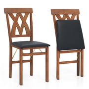 Topbuy Folding Wooden Dining Chair Set of 2 Faux Leather Upholstered Kitchen Armless Chairs w/ Padded Seat Black