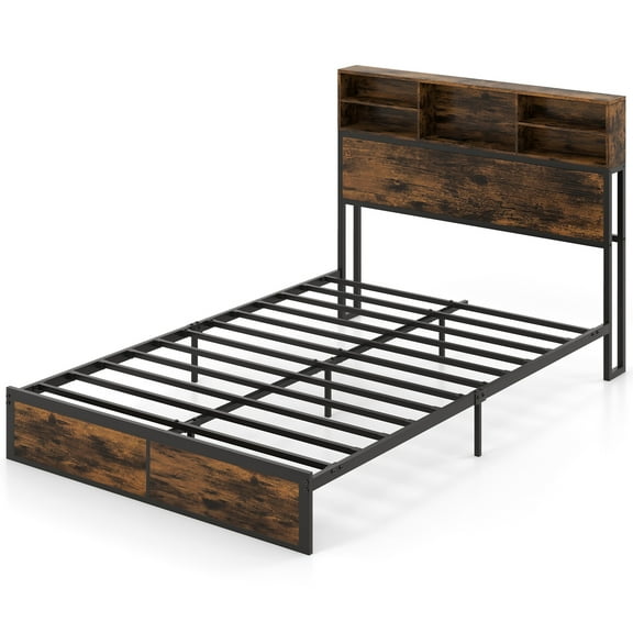 Topbuy Full Size Bed Frame w/ Storage Headboard, Metal Platform Bed Base with Charging Station & Under Bed Storage