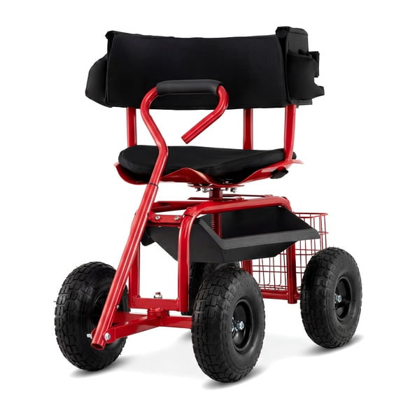 Topbuy Garden Cart Rolling Scooter patio wagon scooter w/360 Swivel Seat Storage Basket Backrest Extendable Handle Utility Tool Storage Tray