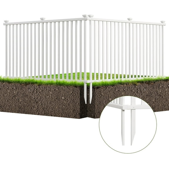Topbuy Garden Decoration Fence Pack of 2 Vinyl Picket Panels with Sharp Ground Stakes Protective Caps PVC Slatted No Dig Fence