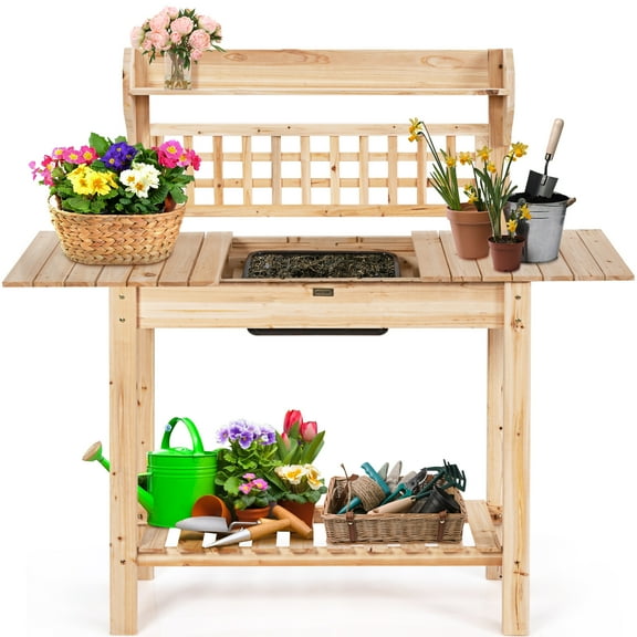 Topbuy Garden Potting Bench Workstation Table w/ Sliding Tabletop&Removable Sink for Garden&Backyard