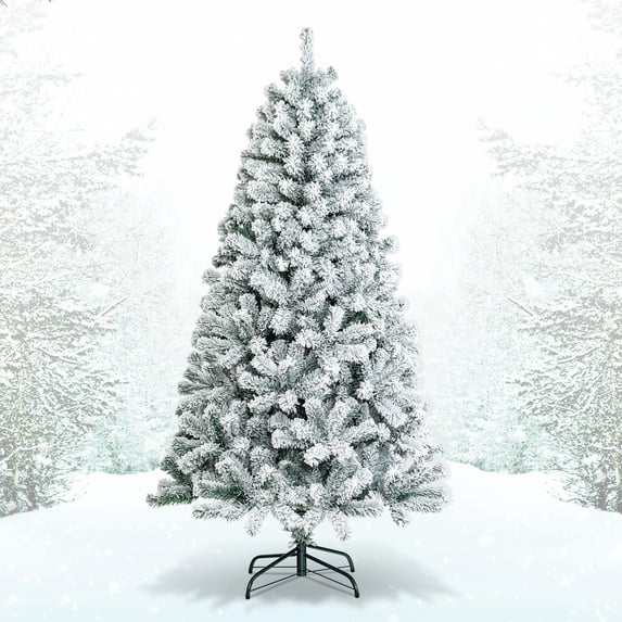 Topbuy 6'Hinged Artificial Christmas Tree Unlit w/ Metal Stand Premium Snow Flocked