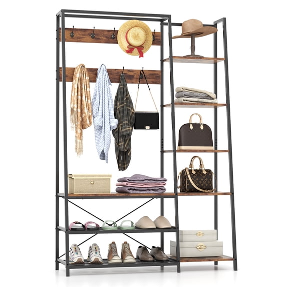 Topbuy Hall Tree with Storage Bench 5-in-1 Freestanding Coat Rack w/ 9 Hooks 5 Side Shelves 2 Mesh Shoe shelves