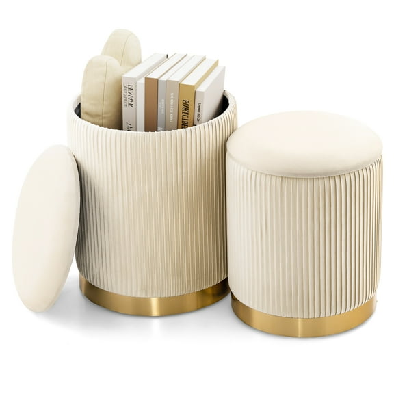 Topbuy Home 2Pcs Upholstered Nesting Stool with Storage Entry Shoe Changing Footrest Stool Golden
