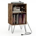 thumbnail image 1 of Topbuy Home Record Player Stand w/ 3-Tier Vinyl Record Storage Cabinet Turntable Stand w/ Charging Station Open Shelf & 4 Dividers Rustic Brown, 1 of 9