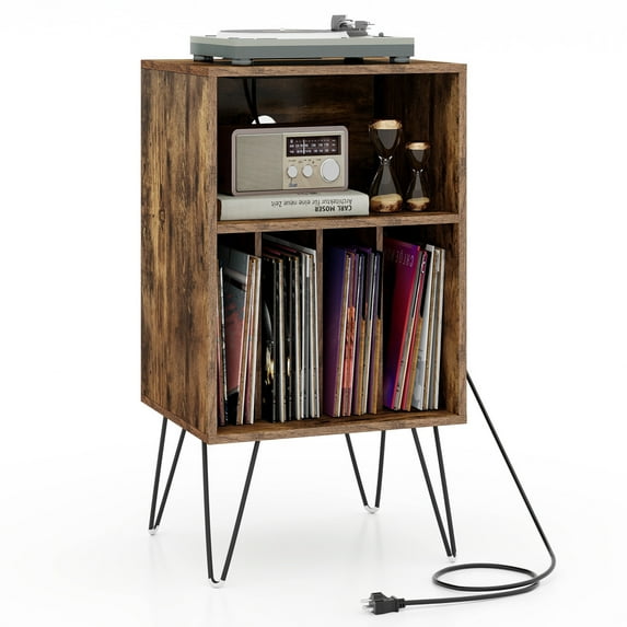 Topbuy Home Record Player Stand w/ 3-Tier Vinyl Record Storage Cabinet Turntable Stand w/ Charging Station Open Shelf & 4 Dividers Rustic Brown