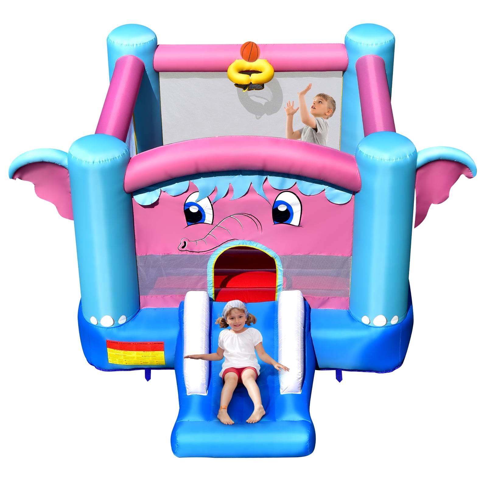 Topbuy Inflatable Bounce House 3-in-1 Elephant Theme Inflatable Castle w/ Jumping Area Slide \u0026 Basketball Rim Indoor Outdoor Kids Bouncer (without Blower)