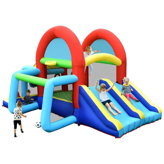 Topbuy Inflatable Bounce House 7-in-1 Kids Bouncer w/ Dual Slides, Jumping Area Football Goal Basketball Hoop Ball Blower Excluded