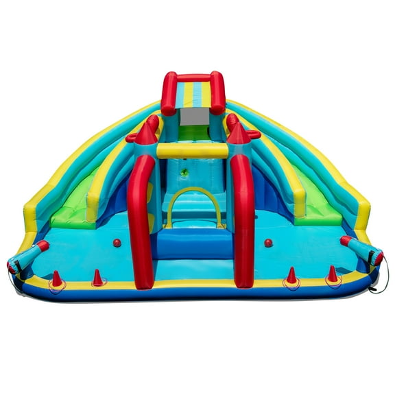 Topbuy Inflatable Double Water Slide Park Giant Bouncy Castle w/ Obstacle Course Blower Excluded