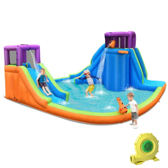 Topbuy Inflatable Water Park Double Water Slide Blow Up Bouncer with Climbing Wall & 950W Blower
