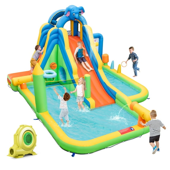Topbuy Inflatable Water Slide 9-in-1 Blow-up Water Park for Kids with Splash Pool Climbing Wall Water Guns Basketball Toss with 950W Blower
