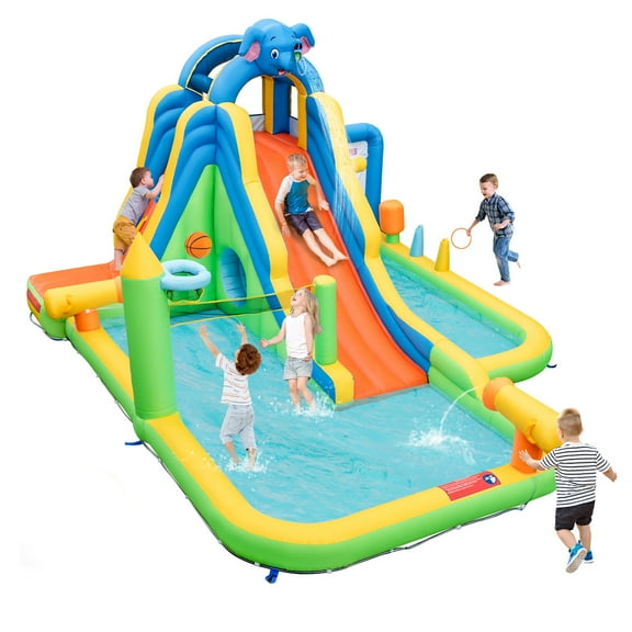 Topbuy Inflatable Water Slide 9-in-1 Blow-up Water Park for Kids with Splash Pool Climbing Wall Water Guns Basketball Toss