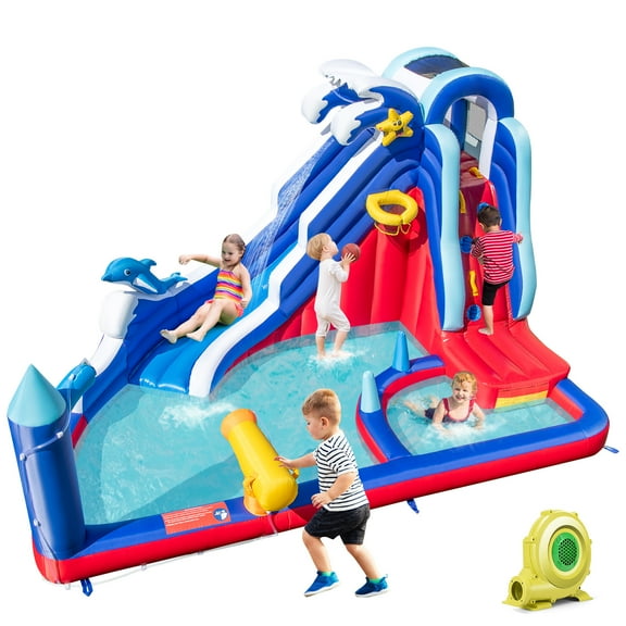 Topbuy Inflatable Water Slide Park Dolphin Theme Kids Bounce House w/ Long Slide 2 Splash Pools Climbing Wall w/ 735W Blower