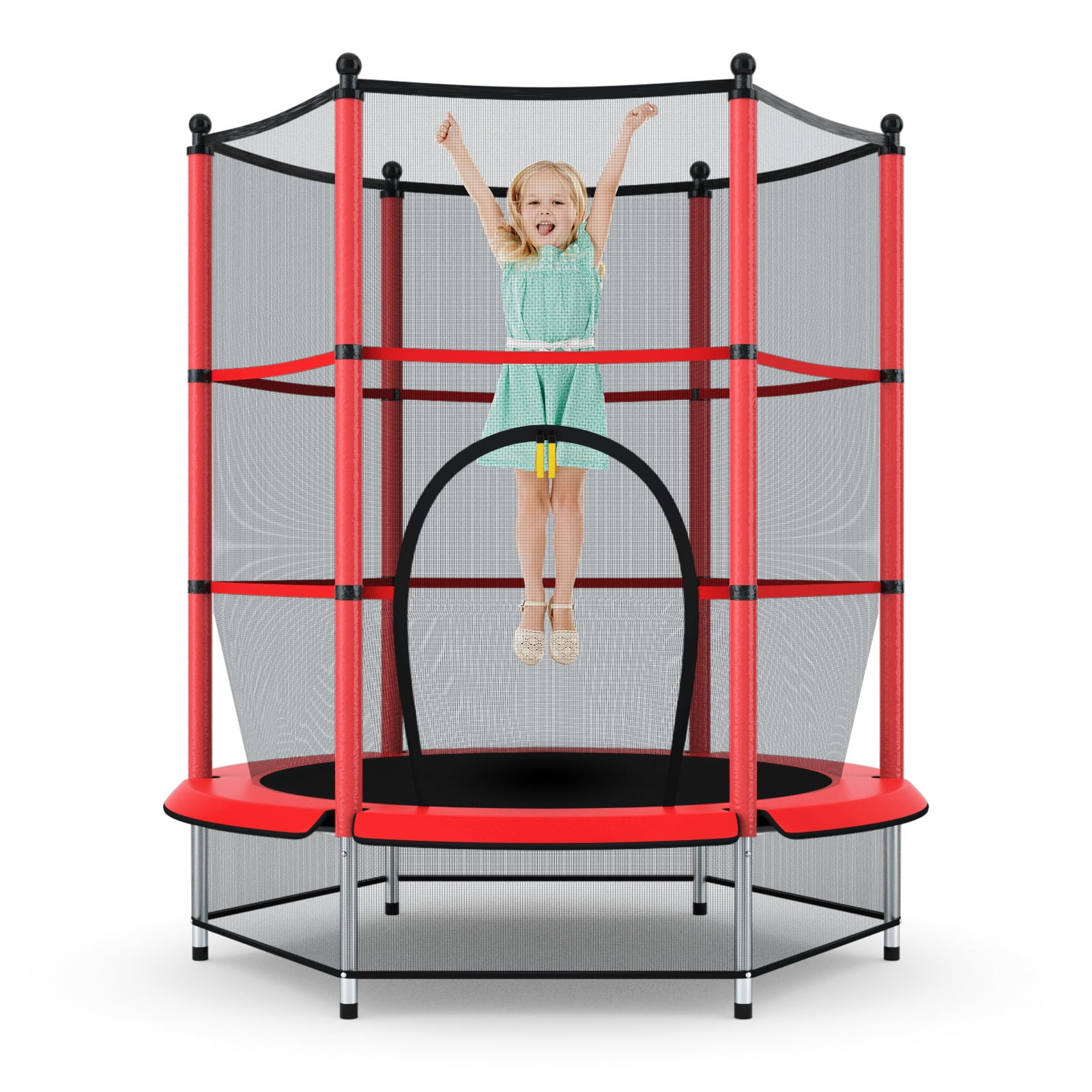 Topbuy Kids Round Jumping Trampoline Combo Bed Trampoline W/ Safety Enclosure Net Red