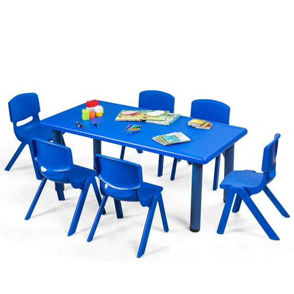 Topbuy Kids Table & 6 Chairs Set Activity Desk & Chair Set Indoor/Outdoor Home Classroom Blue