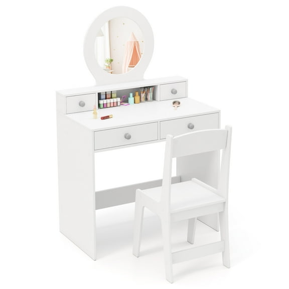 Topbuy Kids Vanity Set Princess Pretend Play Vanity Table with Chair & Mirror & 4 Drawers White