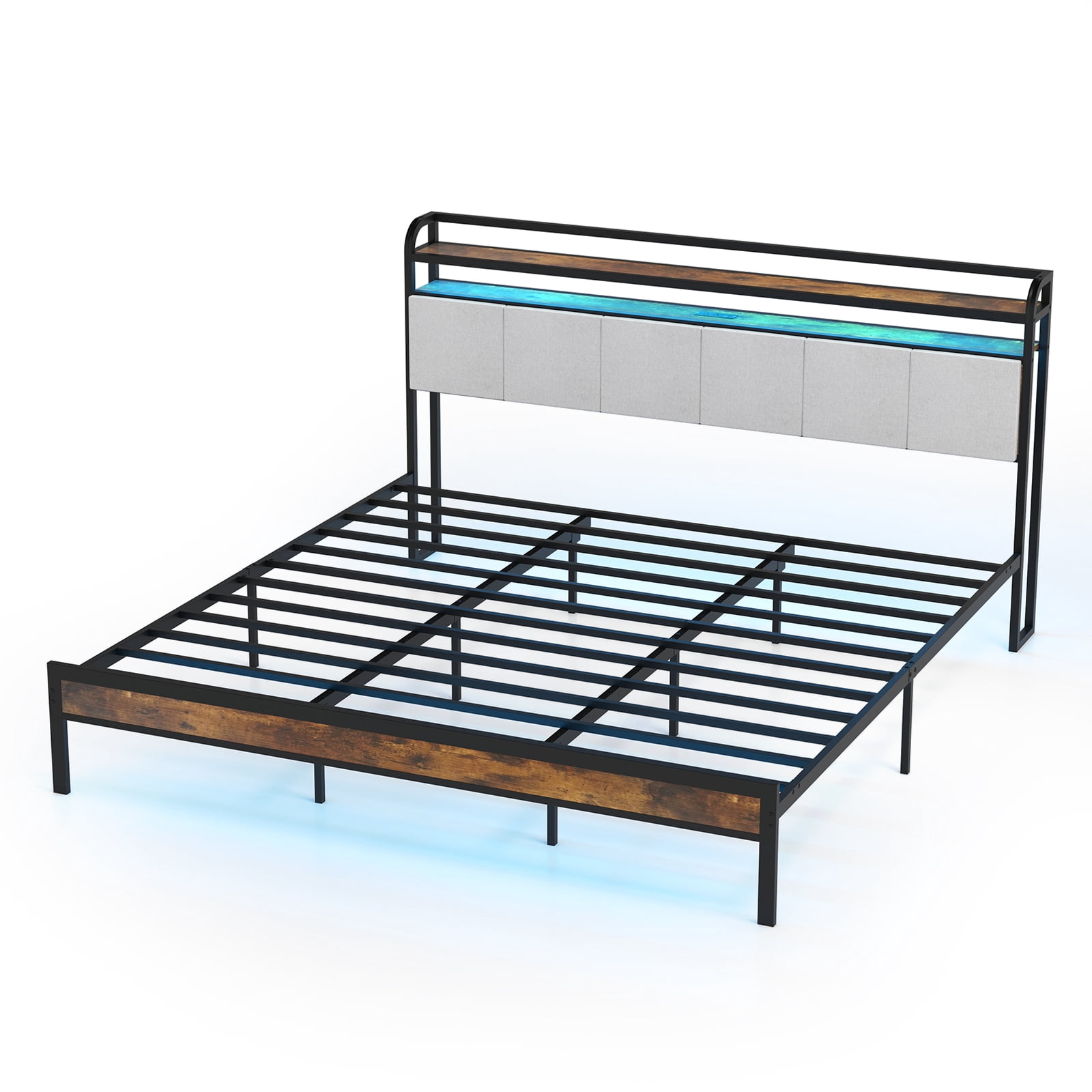 Topbuy King Size Bed Frame w/Charging Station Metal Platform Bed w/ Upholstered Headboard