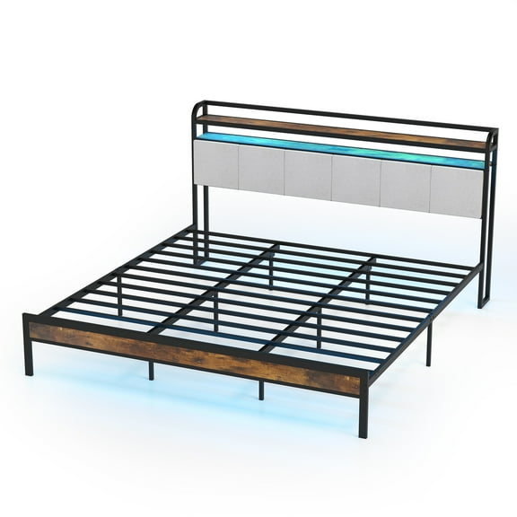 Topbuy King Size Bed Frame w/Charging Station Metal Platform Bed w/ Upholstered Headboard