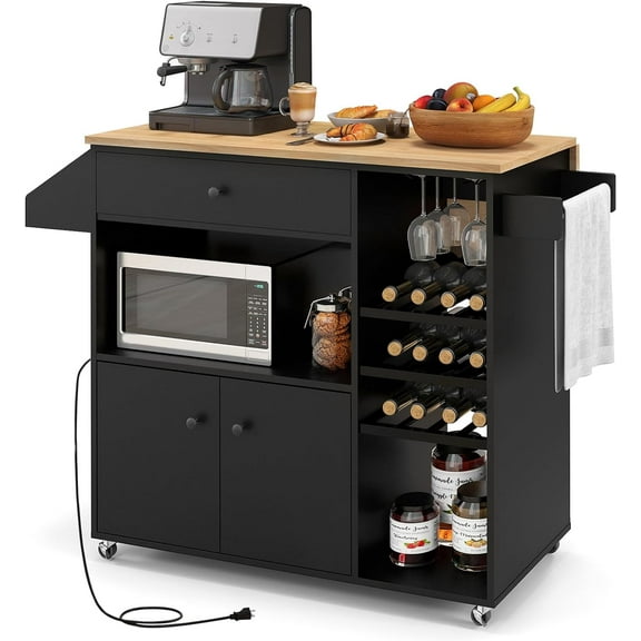 Topbuy Kitchen Island Cart with Drop-Leaf & Power Outlet Rolling Kitchen Cart on Wheels with Microwave Shelf Glass Holder Black & Natural