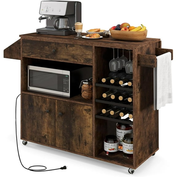 Topbuy Kitchen Island Cart with Drop-Leaf & Power Outlet Rolling Kitchen Cart on Wheels with Microwave Shelf Glass Holder Brown