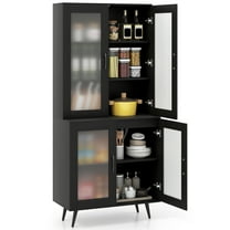 Patiojoy 70.5" Tall Kitchen Pantry Cabinet Cupboard w/ 4 Translucent Doors Freestanding Sideboard Black