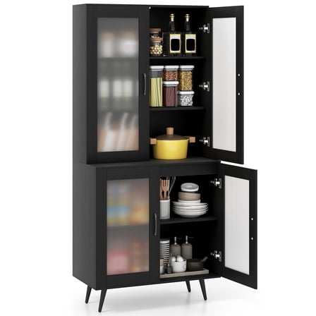 Patiojoy 70.5" Tall Kitchen Pantry Cabinet Cupboard w/ 4 Translucent Doors Freestanding Sideboard Black