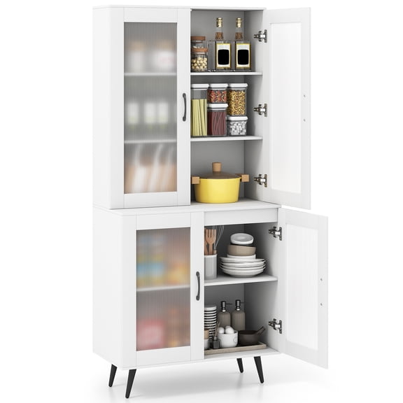Topbuy 70.5" Tall Kitchen Pantry Cabinet Cupboard w/ 4 Translucent Doors Freestanding Sideboard White