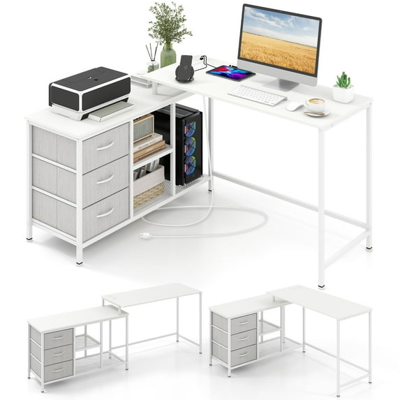 Topbuy L-Shaped Computer Desk with Drawers & Shelves 81” Convertible Home Office Desk with Charging Station White