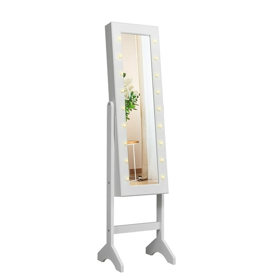 Patiojoy LED Lighting Mirrored Jewelry Cabinet Armoire Free Standing Dressing Organizer White