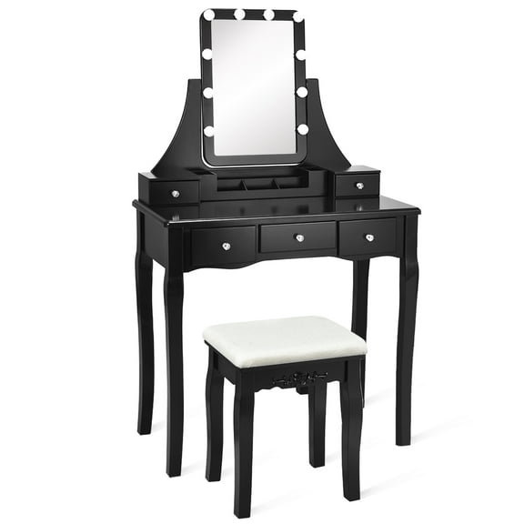 Topbuy LED Vanity Table Makeup Dresser Desk w/ Drawers & Cushioned Stool Black