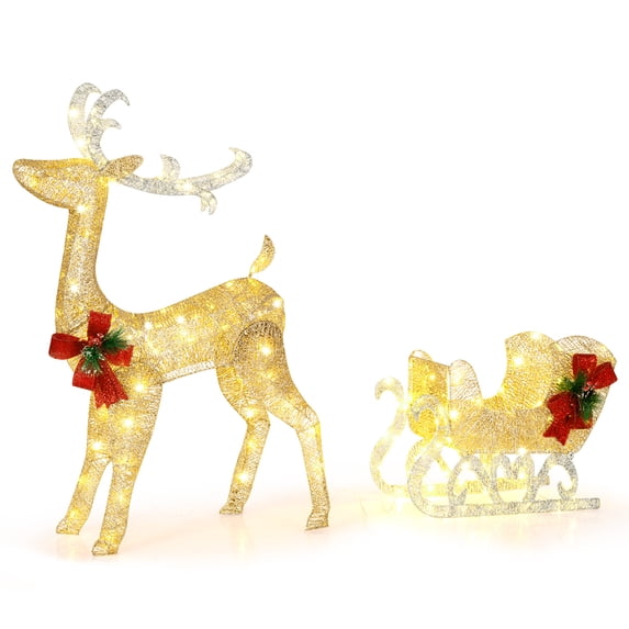 Patiojoy Lighted Christmas Reindeer & Sleigh Pre-lit Holiday Outdoor Decoration w/100 Warm Lights 8 Ground Stakes 30 Cable Ties Light-up Santa Sleigh & Reindeer
