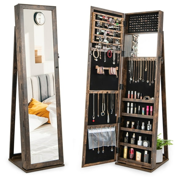Topbuy Lockable Jewelry Cabinet Large Capacity Makeup Organizer with Full-Length Mirror Built-in Makeup Mirror 5 Storage Shelves