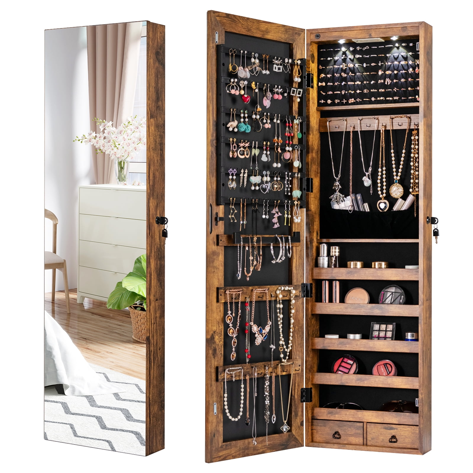 Patiojoy Lockable Wall Door Mounted Storage Organizer Mirrored Jewelry Cabinet w/ Lights Rustic Brown