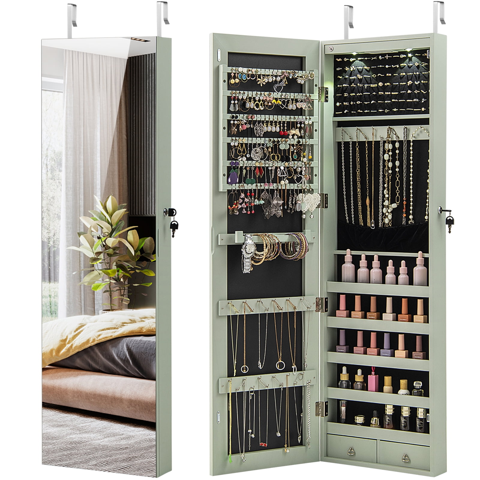 Patiojoy Lockable Wall Door Mounted Storage Organizer Mirrored Jewelry Cabinet w/ Lights Rustic Green
