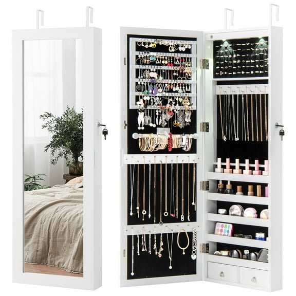 Patiojoy Mirror Jewelry Cabinet Wall/Door Mounted Jewelry Armoire with Full Length Clear Mirror & Internal LED Lights