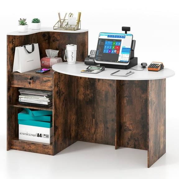Topbuy Modern Reception Desk Front Counter Desk with Oval Tabletop Lockable Drawer & Adjustable Shelf Rustic Brown