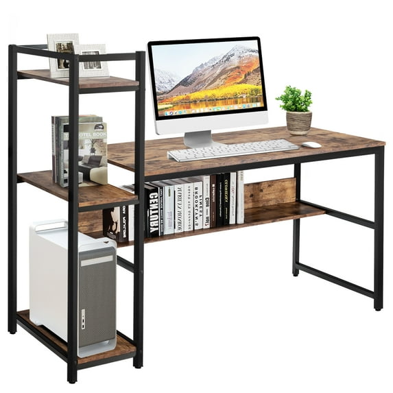 Topbuy Multifunctional Computer Desk with Storage Shelves Stable Writing Table for Home Office Rustic Rustic Brown