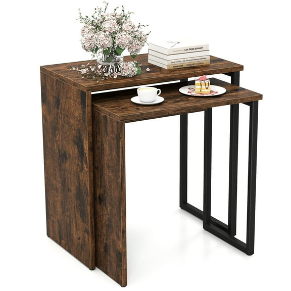 Topbuy Nesting Coffee Table Set of 2 Modern Accent Sofa Side Tables w/ Faux Wood Top & Heavy Duty Metal Frame