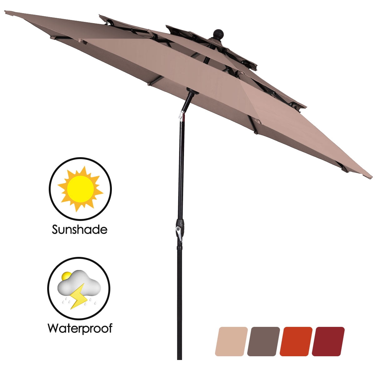double vented patio umbrella with tilt in tan beige natural | Auto-Tilt, Wind Resistant, Woodgrain Finish | Commercial Grade | Sunbrella Antique patio umbrella adopts a thickened alloy steel with 12 Nuu Garden Outdoor 7.5 ft.