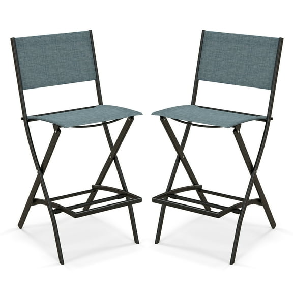 Topbuy Outdoor Barstools Set of 2 Counter Height Folding Bar Chairs with Back and Footrest Versatile Patio Dining Chairs Blue